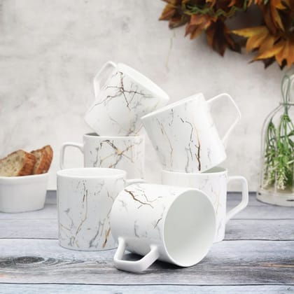 Clay Craft Marble Monochrome 220 ML White Gold Coffee & Tea Mugs | White | Set of 6 Pcs