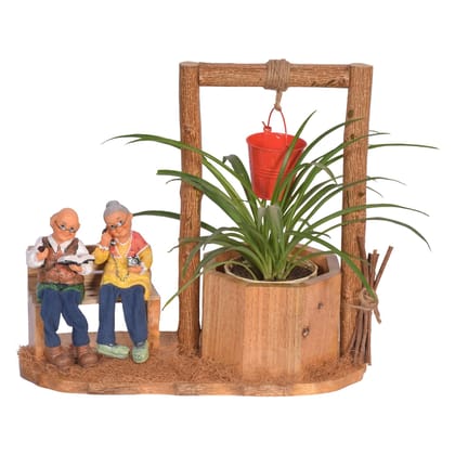 The Weaver's Nest Wishing Well Planter with Figurines sitting on Bench-Fruits