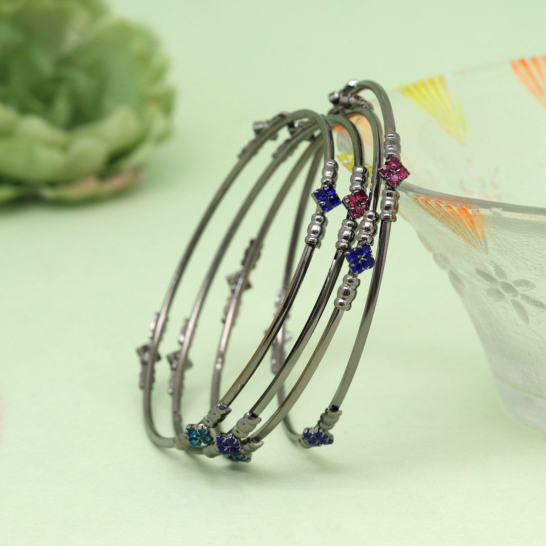 Multi Color 1 Set Of Bangle Size: 2.10-Bangles Size: 2.10 / Gold / Alloy With Good Quality Black Silver Plated
