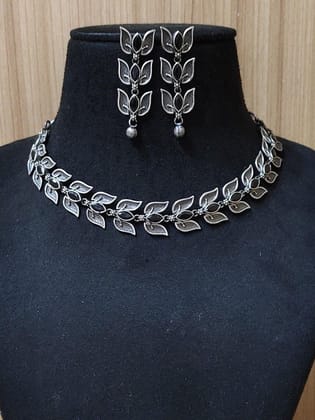 Silver Look-Alike Leaf Style Necklace Set with Dangler Earrings | Sarichka-Black