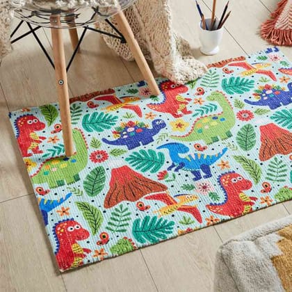 Mona B Printed Dino Kids Room Dhurrie Carpet Rug Runner Floor Mat for Living Room Bedroom: 2 X 3 Feet Multi Color (BR-309)