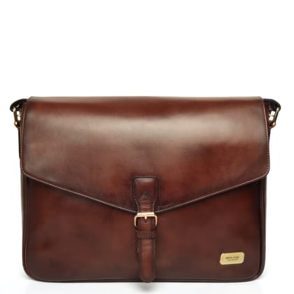Brown laptop messenger bag with flap opening and push buckle lock by Brune & Bareskin-FS