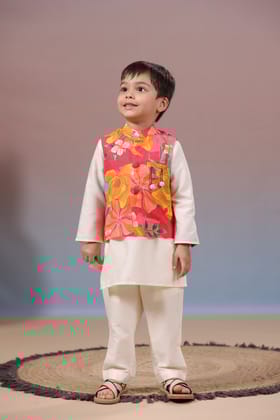 Off White Kurta with Front Open Multicolour Jacket and Pyjama-0-6 months