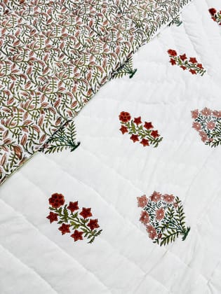 Gul-Bahar Hand-block Double Bed Mul-Cotton Hand Quilted Reversible Razai 7.5 feetx9feet | Jaipuri Razai | Mulmul Blanket| A.C Quilt