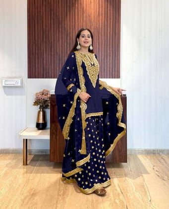 Fantastic Navy Blue Color Embroidery Work Sharara Suit-M