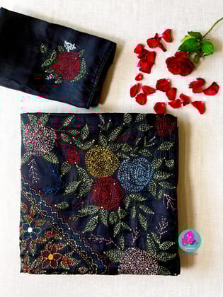 Black semi tussar silk hand embroidered kantha work saree-XS