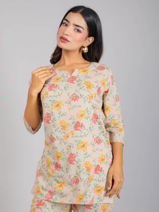 Floral Print on Grey Cotton Lounge Set for Women-S