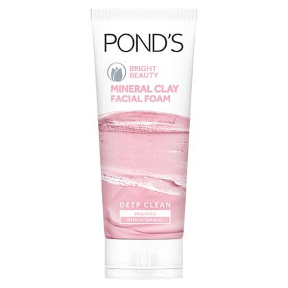 Pond's Bright Beauty Mineral Clay Facial Foam With Vitamin B3+, Oil Free Instant Glow, (90gm)