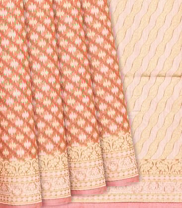 Peach Handloom Banarasi Cotton Saree With Triangle Motifs-Peach-Peach