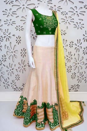 Green and Cream Colored Party Wear Designer Embroidered Lehenga Choli