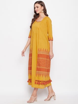 Women Mustard Yellow Ethnic Motifs Thread Work Kurta