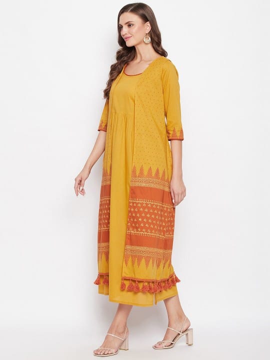 Women Mustard Yellow Ethnic Motifs Thread Work Kurta