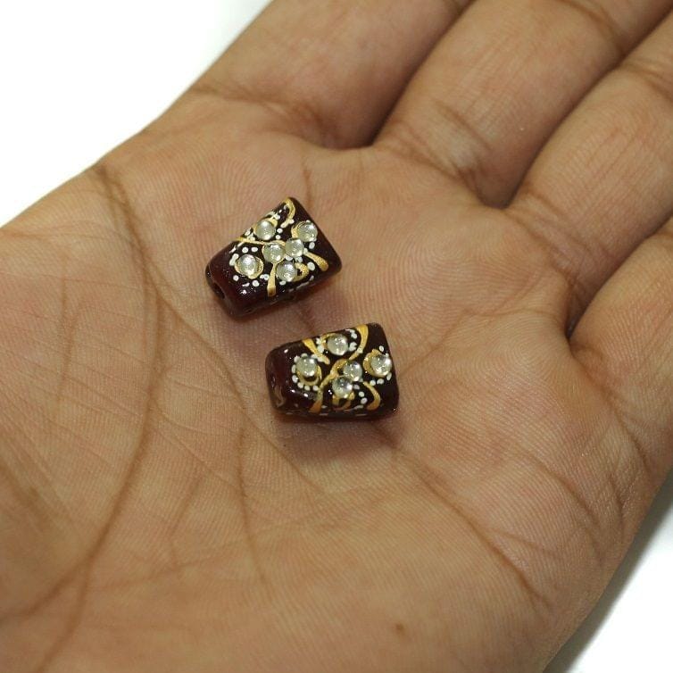 5 Pcs, 14x10mm Handpainted Kundan Work Tumble Beads Maroon-Glass