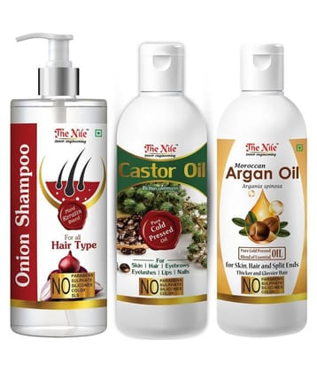 The Nile Red Onion Shampoo 200 ML + Castor Oil 100 ML + Argan Oil 100 ML  Shampoo 400 mL Pack of 3