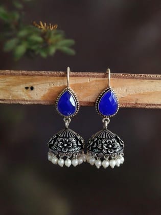 Shiny Hook Earrings Oxidized Silver Plated-Blue