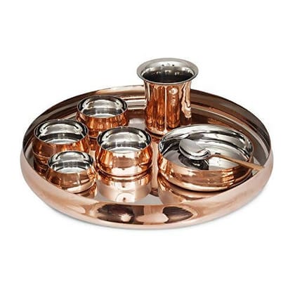 KUVI Stainless Steel & Copper Traditional Kitchen Dinner Royal Thali Piece 1 Plate Thali 1 Puding Plate 4 Bowls 1 Spoon 1 Glass Special Thali Plate for Home/Restaurant (Set of 8)