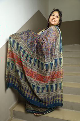 Mehfil-Ajrakh Printed Chanderi Silk / Chanderi Silk / Blue