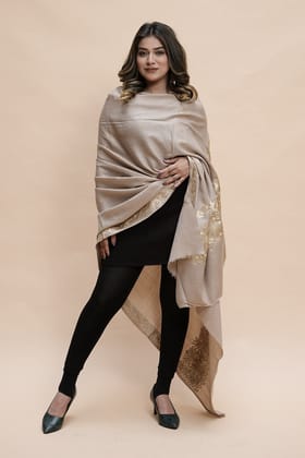 Beige Colour Semi Pashmina Shawl Enriched With Ethnic Heavy Golden Tilla Embroidery With Running border-Semi pashmina / length 80 inch Width 40 inch / Dry Clean only