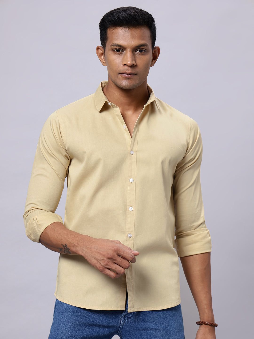 Men Wheat Solid Slim Fit Cotton Shirt-S