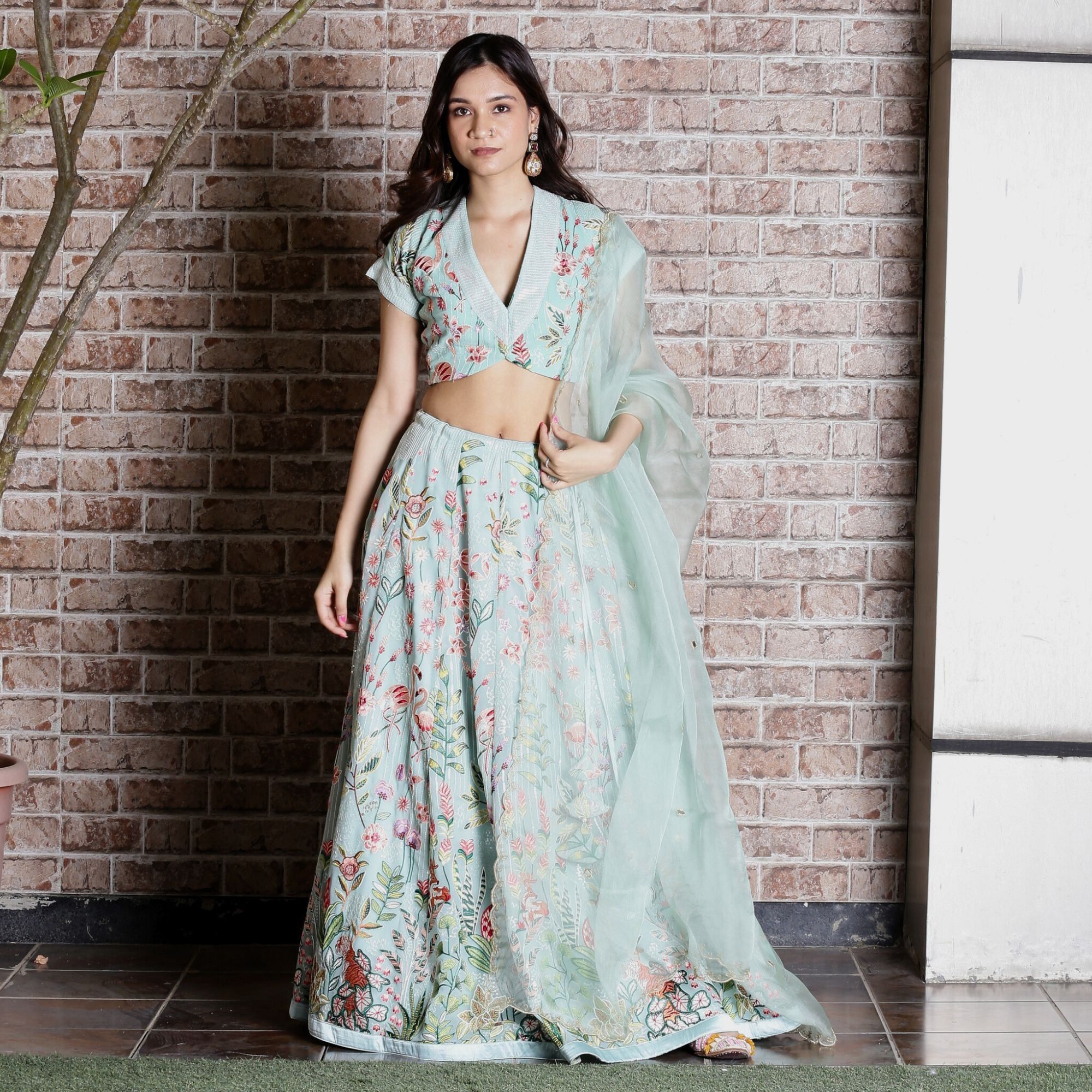 Aqua Green embroidered Lehenga set-XS