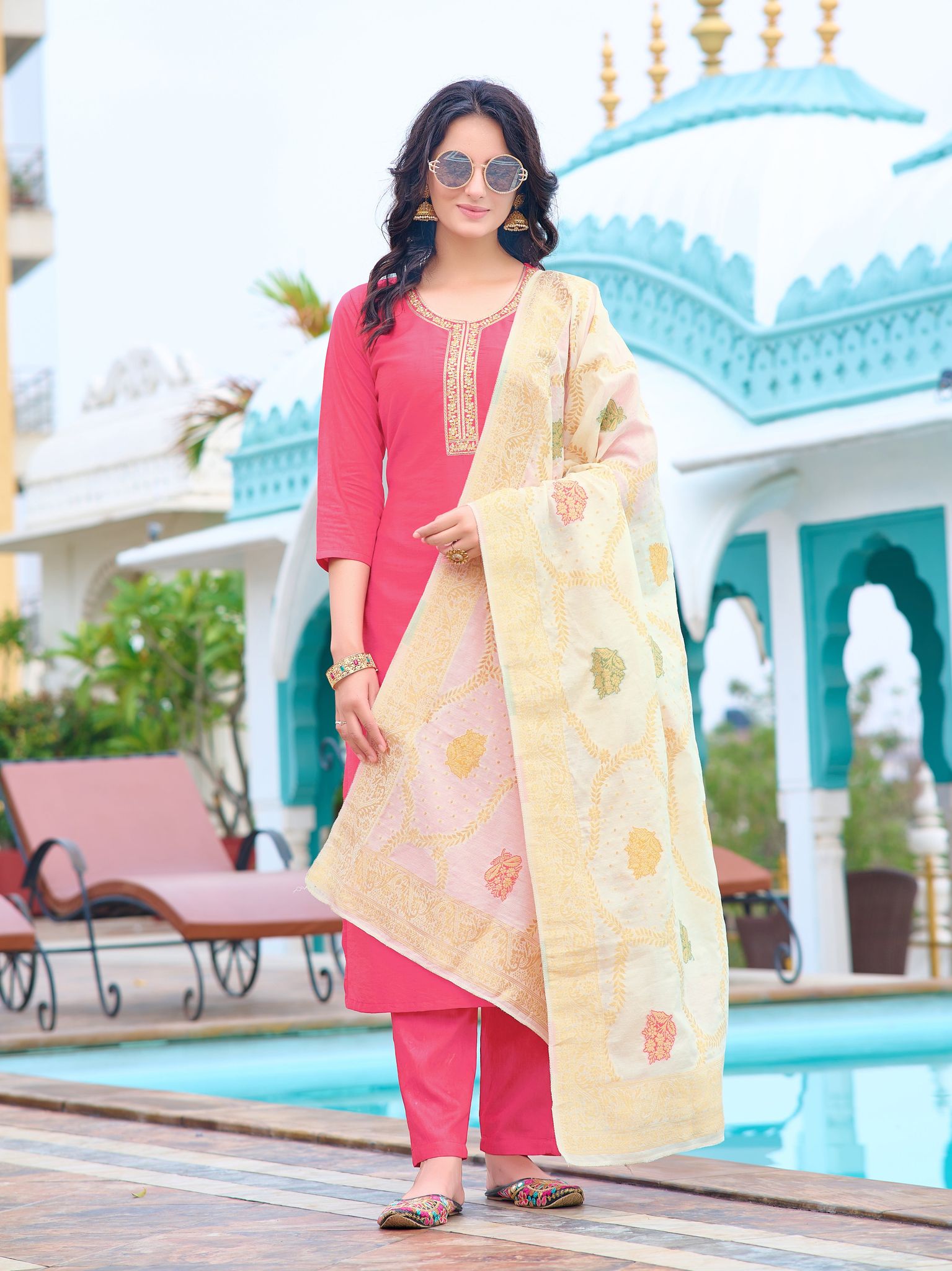 PINK  COTTON EMBROIDERY WORK KURTI PANT WITH FANCY DUPATTA-S