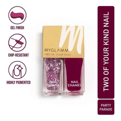 MyGlamm Two Of Your Kind Nail Enamel - Party Parade (Berry Pink + Pink Silver Glitter Shade) | Long Lasting, Gel Finish Nail Polish Duo (5ml x 2)Party Parde