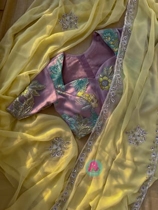 Soft Yellow viscous georgette saree with beautiful hand embroidery-XS