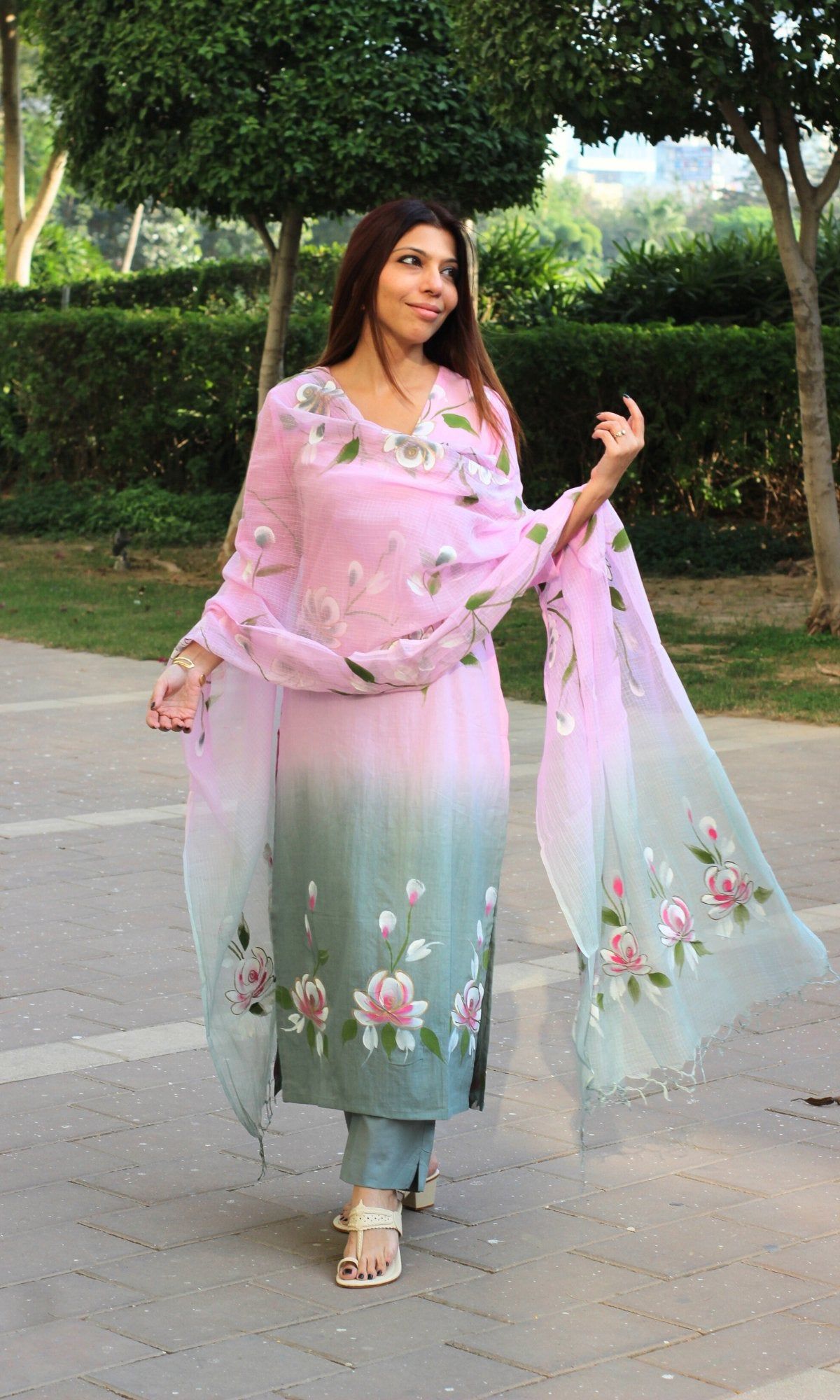 Cotton Soft Pink Ombré Handpainted Suit with Kota Doria Handpainted Dupatta-XS