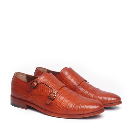 Tan Croco Leather Double Monk With Leather Sole Shoes By Brune & Bareskin-40/6