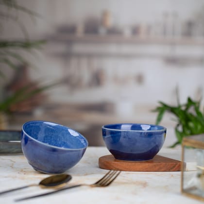 Ceramic Dessert Bowls (Set of 2) | Premium Serving Dishes | H-3" D-4" | Metallic Blue