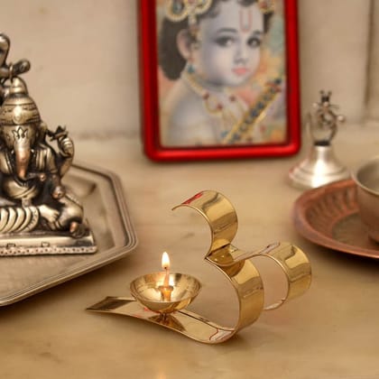 Brass Diya OM Oil Lamp for Puja - Buy 1 Get 1 Free