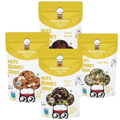 Healthy Trial Pack Assorted Pack of Four Berries, Seeds And Dry Fruit Combo (Mixed Dried Fruit 250 gm, Mixed Berries 200 gm, Seed And Berry Sprinkle 200 gm, Seed Mix 200 gm) - Pack of 4