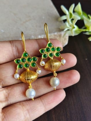 Kalash Style Gold Plated Hook Earring with White Pearl | Sarichka-Green