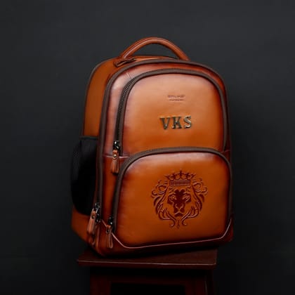 Handcrafted Tan Leather Backpack With VKS Name Initials by Brune & Bareskin-FS