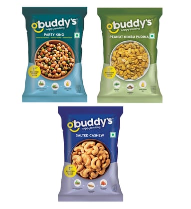 O'buddy's Party King 30 gm, Peanut Nimbu Pudina 30 gm & Salted Cashew 16 gm - Combo Pack of 15 (5 Packs of Each)
