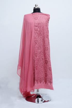 Dark Pink Color Kashmiri Sozni Work Woolen Unstitched Suit Fabric With Matching Dupatta