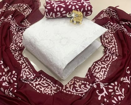 Cotton Embroidery Kurti with Barik Salwar Dupatta Set (Unstitched)-Maroon