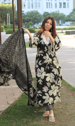Cotton Black Floral A Line Lace kurta with Pants & Printed Dupatta-XS