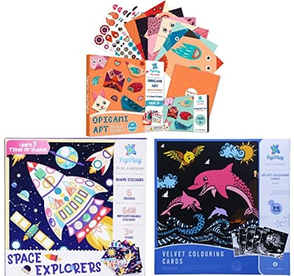         PepPlay Mini Velvet Coloring Card kit + Educational Shape Sticker + Paper Origami Art Coloring Activity, DIY Kit for Kids, Birthday Gifts for Kids - Combo Pack for 3+ Years Kids       