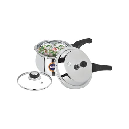 Softel Stainless Steel Handi Pressure Cooker with Glass Lid | Gas & Induction Compatible | Silver