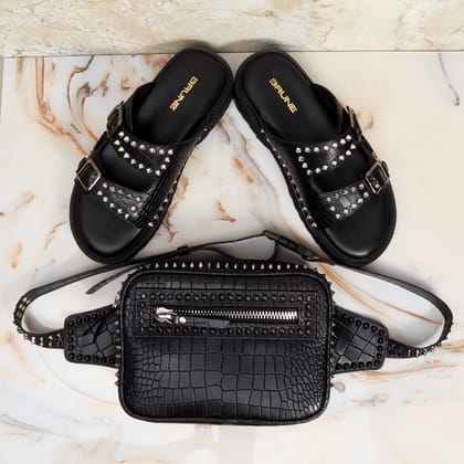 Combo of Black Deep Cut Leather Stud Detailing Slide-in Slippers and Cross-Body Bag-40/6 / FS