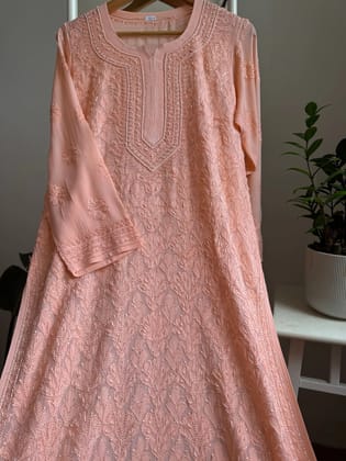 Viscose Chikankari Kurti with Pearl Add on Work - Peach-Peach / Viscose / L