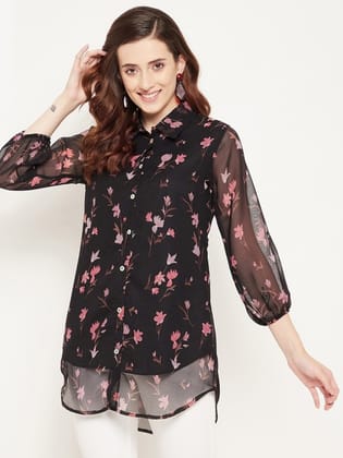 Shirt Collar Floral Printed Tunic