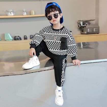 Black Check Printed T-SHIRT With Black Track Pant-18-24 MONTH