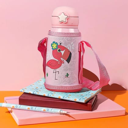 Love Baby Cute Animals Prints Kids Bottle Sipper for HOT N Cold Water, Milk, Juice with Bottle Cover, Cup, Zip Pocket & Straw to Keep Things Orange Green Pink Colors for Outdoor / Office / Gym / 