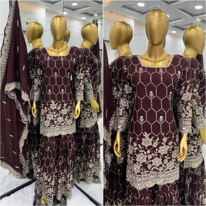 Stylish Wine Color Embroidery Mirror Work Sharara Suit-M