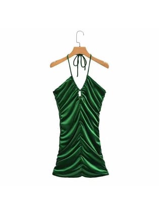 Velvet Tied Halterneck Ruched Short Dress-Green / S