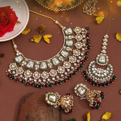 Maroon & Green Color Kundan Necklace Set (KN1413MG)-Adjustable Rope / Maroon / Alloy With Good Quality Gold Plated
