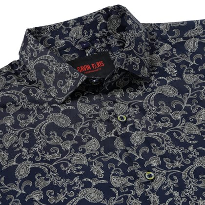 Navy Paisley Slim Fit Full-Sleeve Shirt (GP088)-S-36 / Full Sleeve