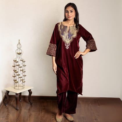 Wine embroidered velvet kurta-XS